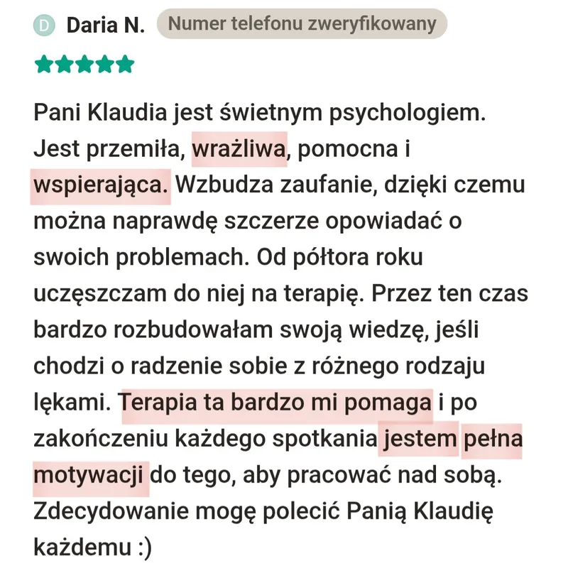 Opinia klientki: Daria N., terapia u Klaudii