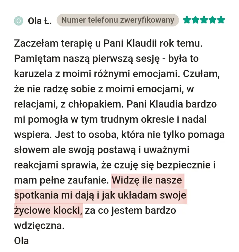 Opinia klientki: Ola Ł., terapia u Klaudii
