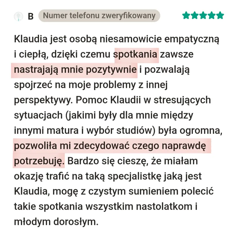 Opinia klientki o terapii u Klaudii