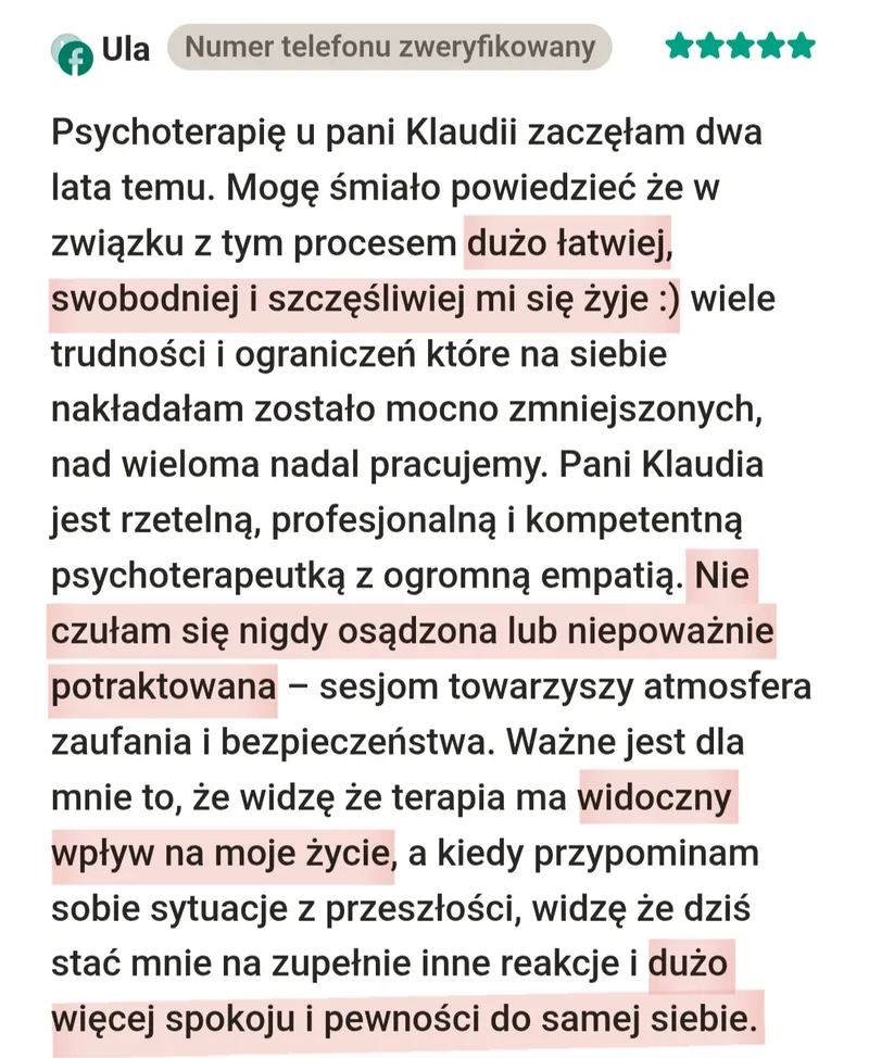 Opinia klientki: Ula, terapia u Klaudii